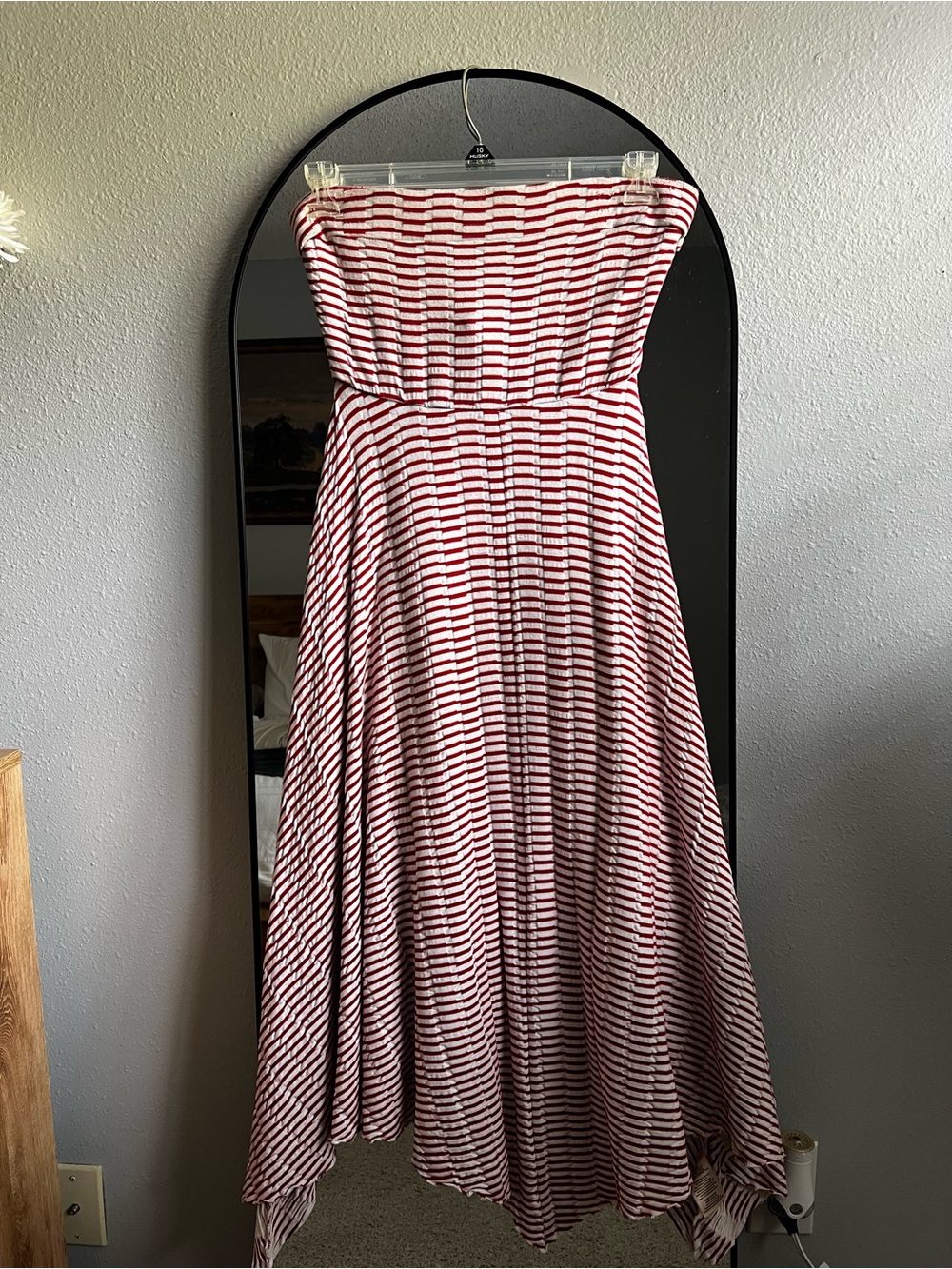 Maeve Strapless Red and White Stripe Midi Dress